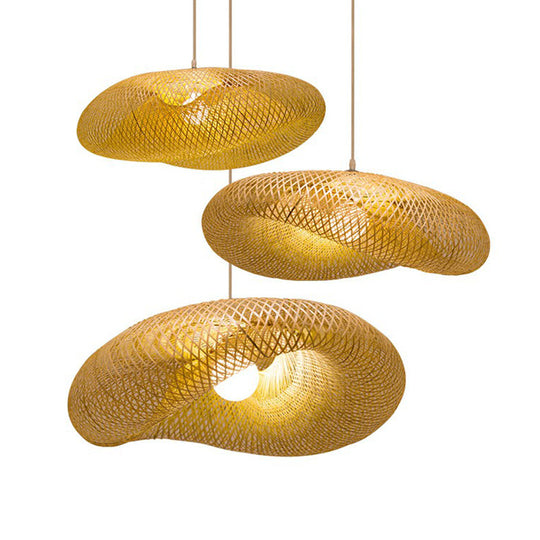 Geometric Beige Pendant Light With Asian Design - Bamboo Suspension Fixture