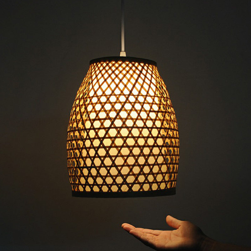 Bell Shaped Bamboo Hanging Lamp - Chinese Style For Dining Room With 1-Light And Beige Down Lighting