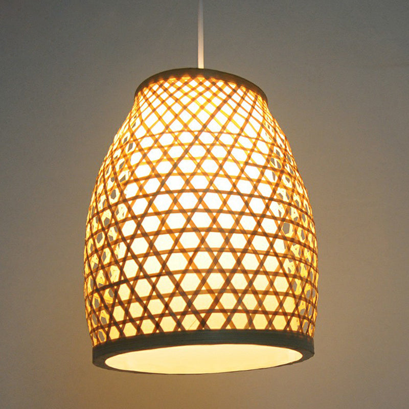 Bell Shaped Bamboo Hanging Lamp - Chinese Style For Dining Room With 1-Light And Beige Down Lighting