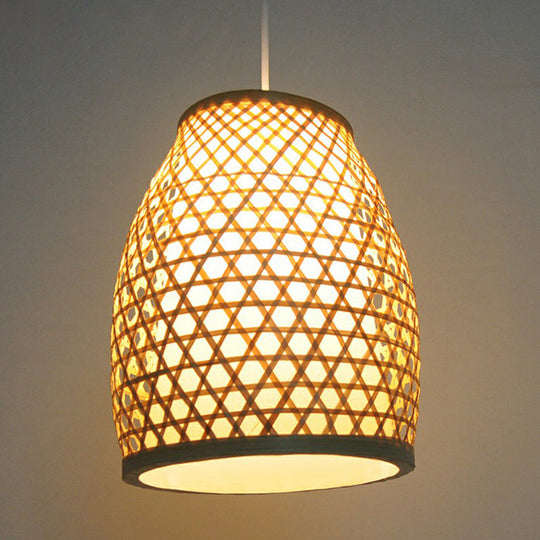 Bell Shaped Bamboo Hanging Lamp - Chinese Style For Dining Room With 1-Light And Beige Down Lighting