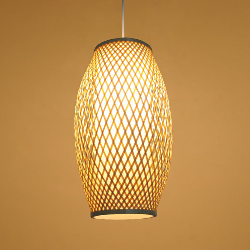 Chinese Wood Pendant Lamp With Bamboo Shade - 1-Light Corridor Hanging Lighting