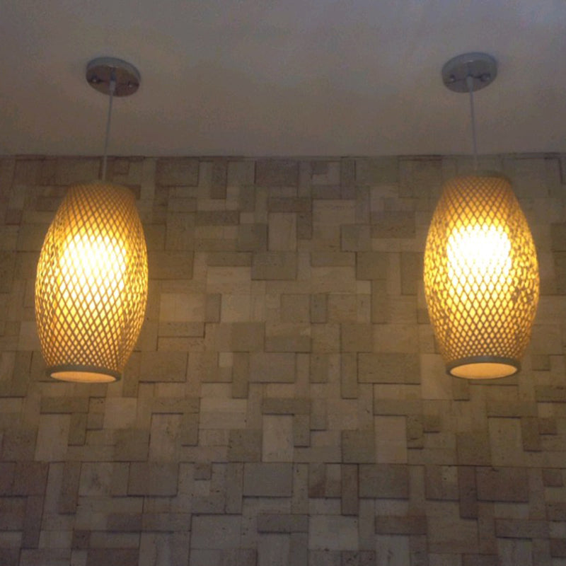 Chinese Wood Pendant Lamp With Bamboo Shade - 1-Light Corridor Hanging Lighting