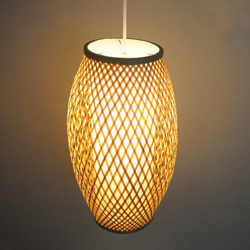 Chinese Wood Pendant Lamp With Bamboo Shade - 1-Light Corridor Hanging Lighting