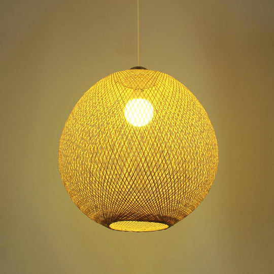 Chinese Beige Globe Pendant Light Fixture - Bamboo Suspension Lighting For Living Room