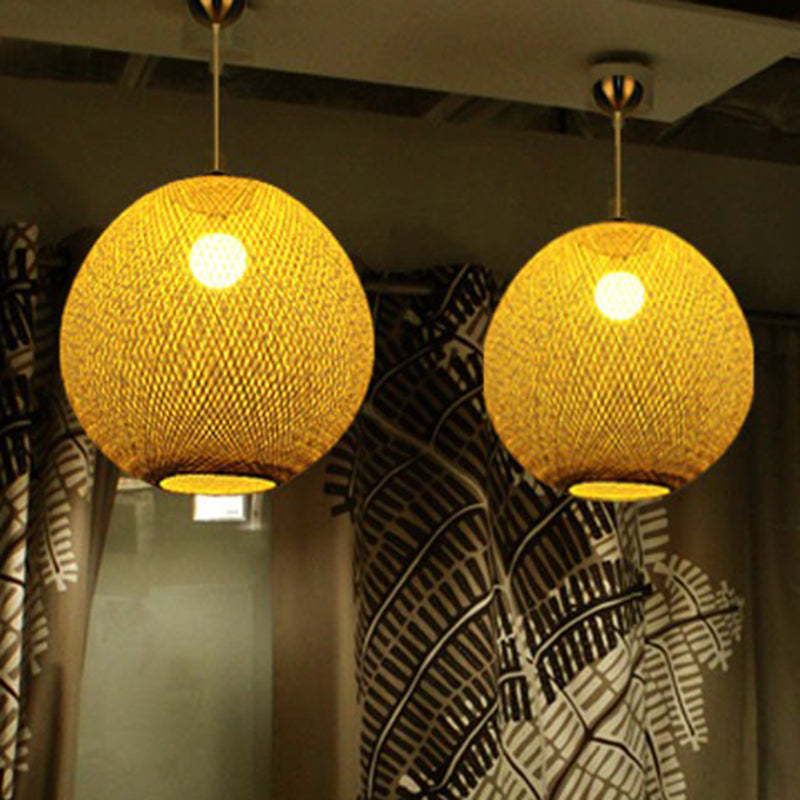 Chinese Beige Globe Pendant Light Fixture - Bamboo Suspension Lighting For Living Room