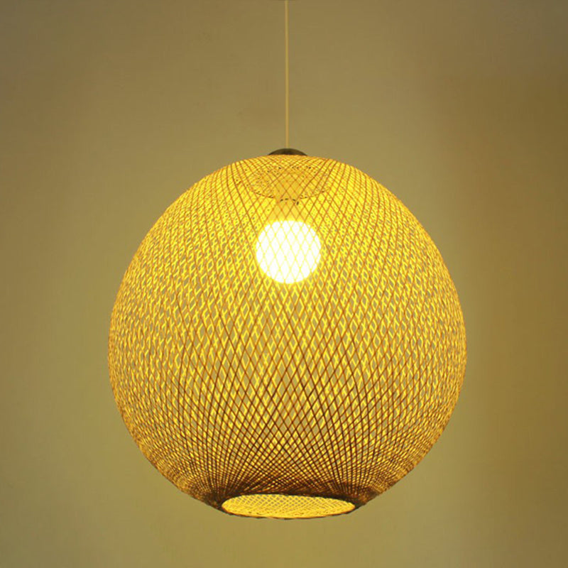 Chinese Beige Globe Pendant Light Fixture - Bamboo Suspension Lighting For Living Room