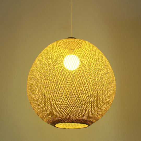 Chinese Beige Globe Pendant Light Fixture - Bamboo Suspension Lighting For Living Room