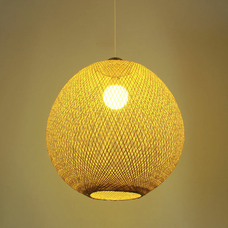 Chinese Beige Globe Pendant Light Fixture - Bamboo Suspension Lighting For Living Room