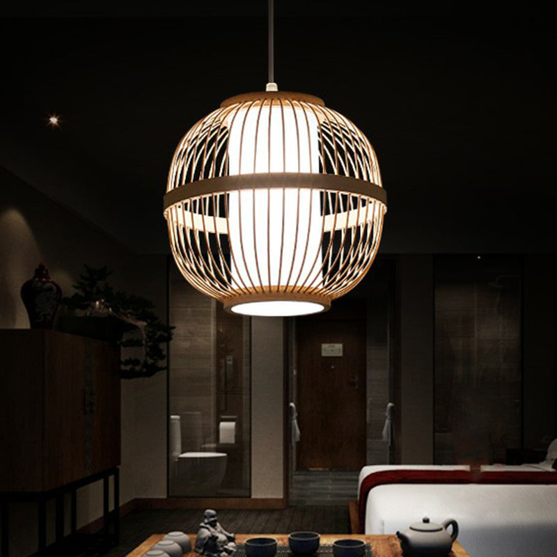 Spherical Bamboo Ceiling Lamp - Tea Room Pendant Light With 1 Bulb