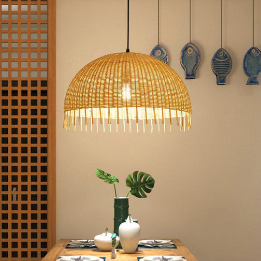 Modern 1-Head Dome Pendant Light With Bamboo Shade Minimalistic Wood Unfinished Look