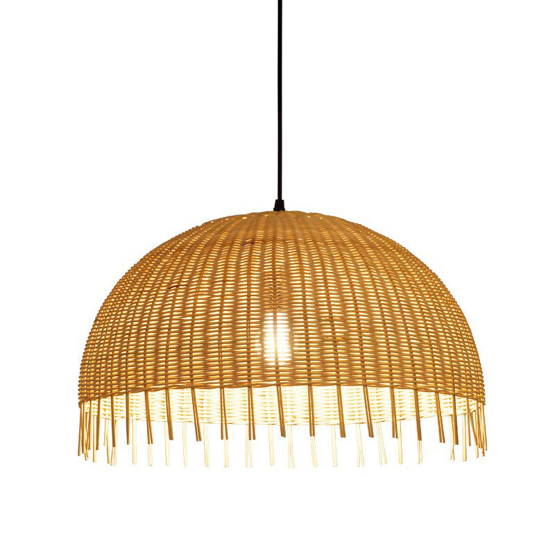 Modern 1-Head Dome Pendant Light With Bamboo Shade Minimalistic Wood Unfinished Look