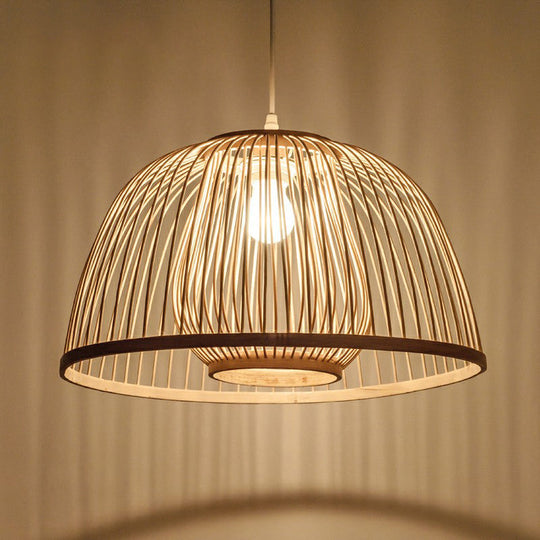 Modern Wood Domed Ceiling Pendant: Bamboo Suspension Lamp with Cage Inner