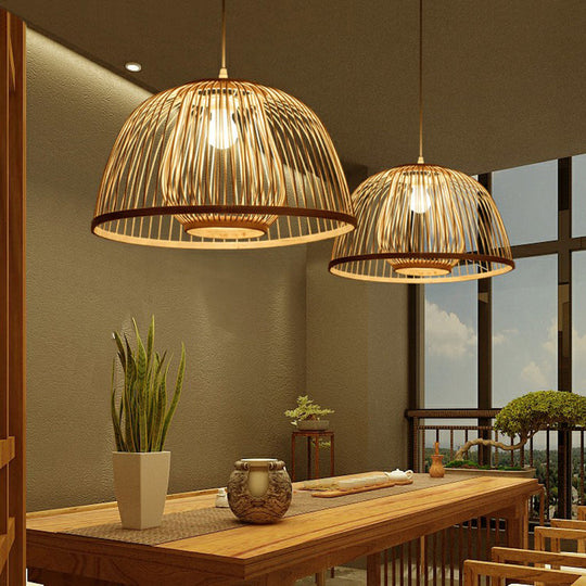 Modern Wood Domed Ceiling Pendant: Bamboo Suspension Lamp with Cage Inner