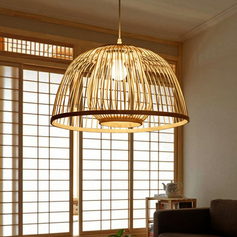 Modern Wood Domed Ceiling Pendant: Bamboo Suspension Lamp with Cage Inner