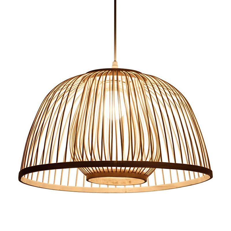 Modern Wood Domed Ceiling Pendant: Bamboo Suspension Lamp with Cage Inner