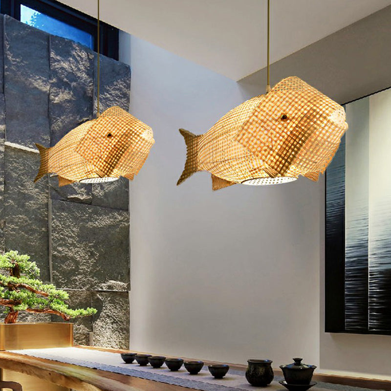 Fish-Shaped Bamboo Pendant Light: Single-Bulb Asian Hanging Light In Wood