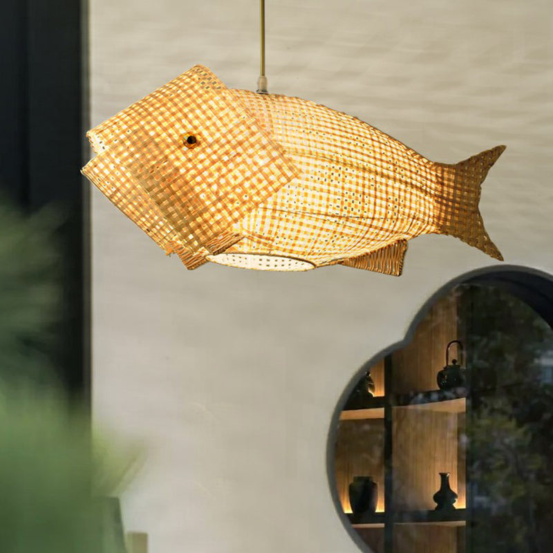 Fish-Shaped Bamboo Pendant Light: Single-Bulb Asian Hanging Light In Wood