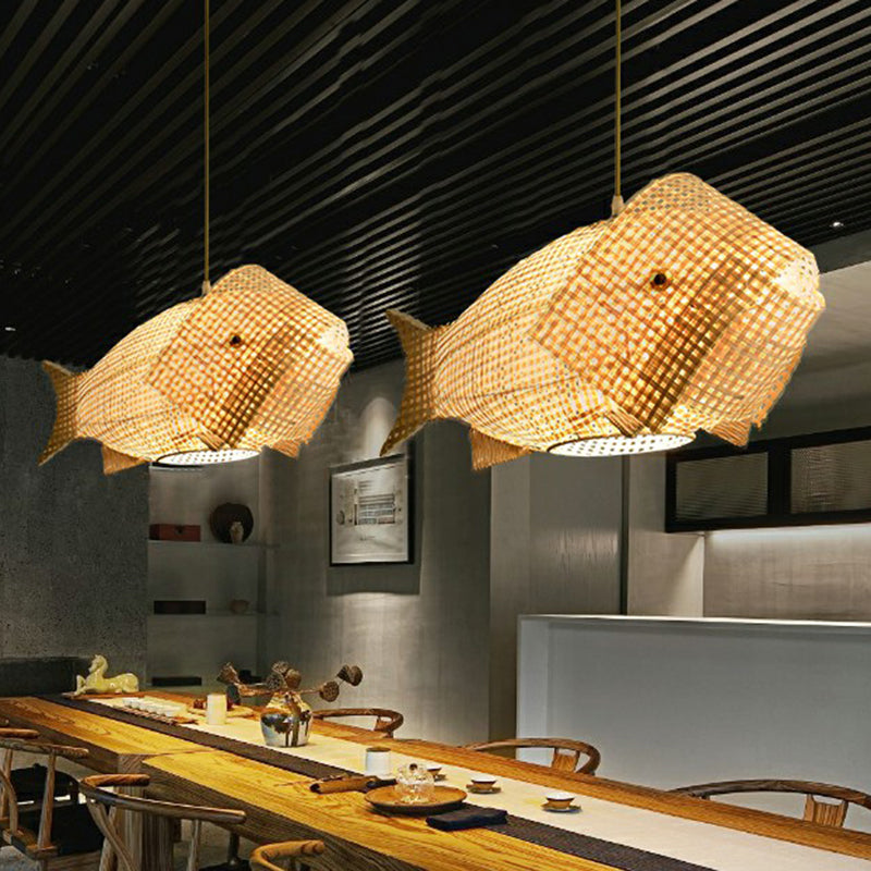 Fish-Shaped Bamboo Pendant Light: Single-Bulb Asian Hanging Light In Wood