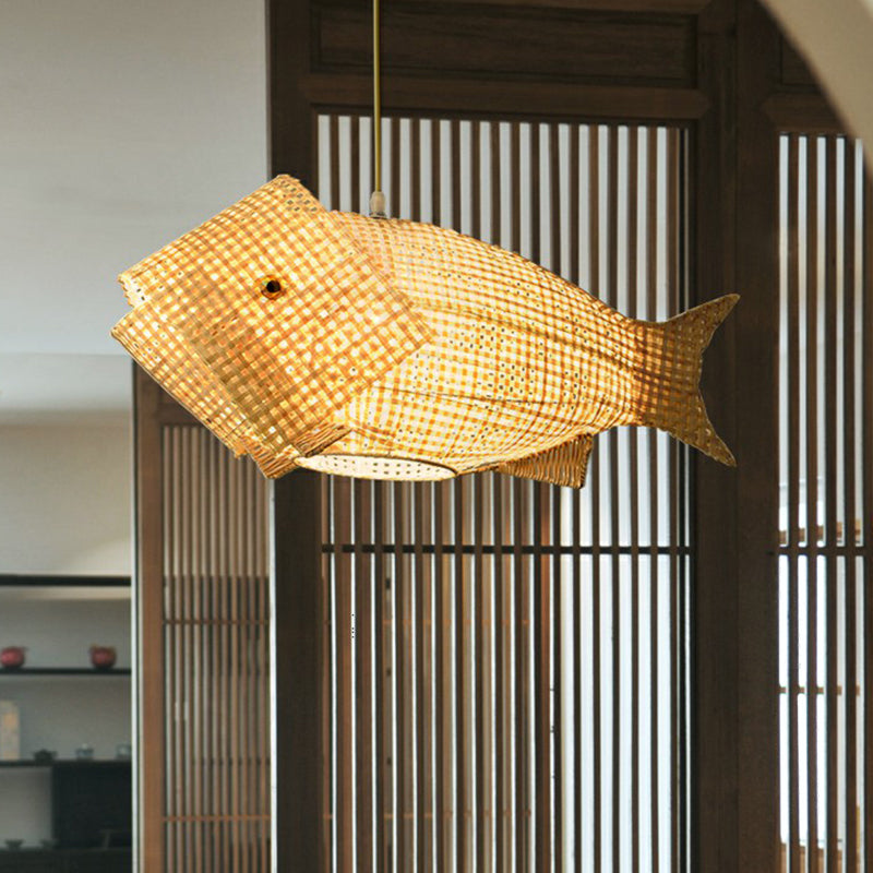 Fish-Shaped Bamboo Pendant Light: Single-Bulb Asian Hanging Light In Wood