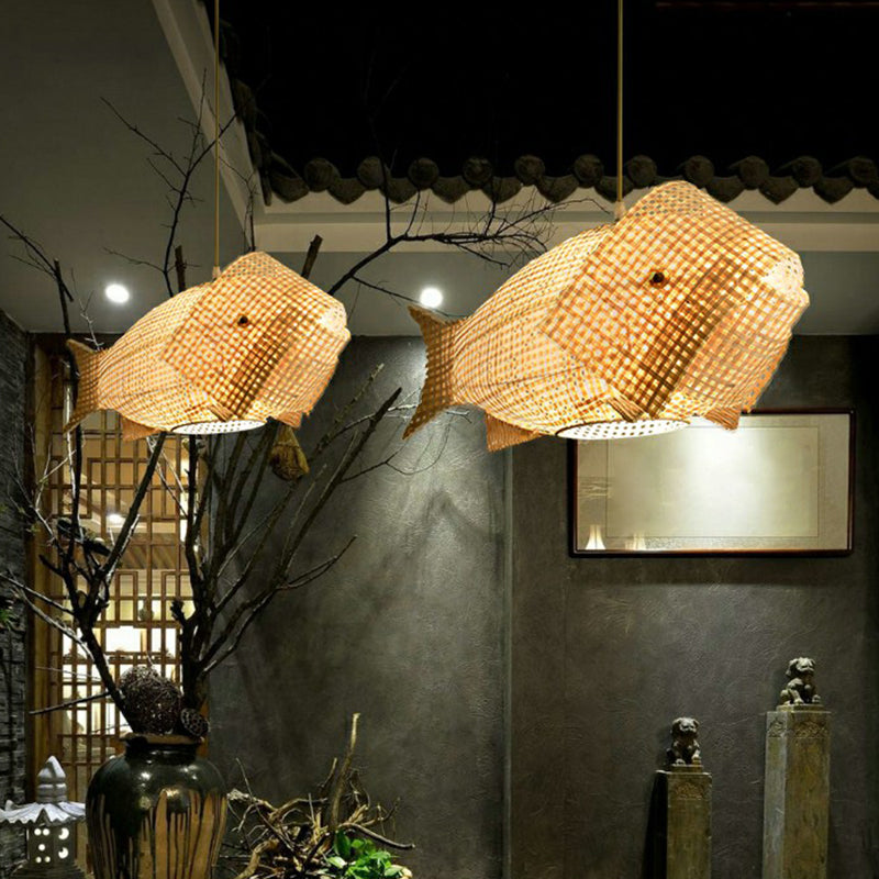 Fish-Shaped Bamboo Pendant Light: Single-Bulb Asian Hanging Light In Wood