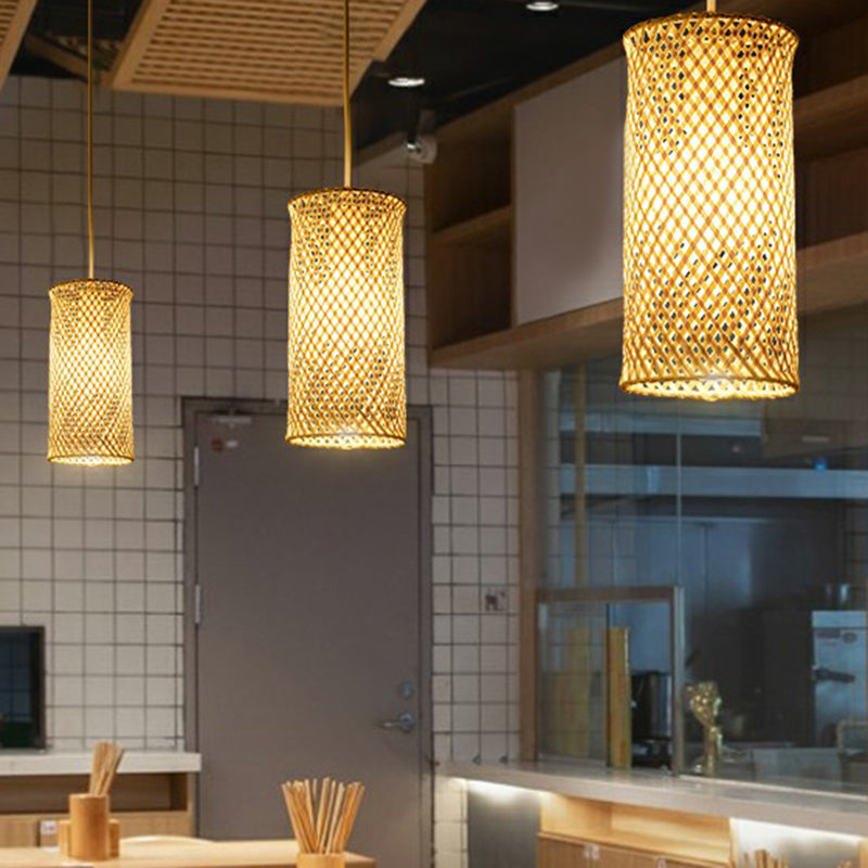 Minimalist Bamboo Pendant Light: Criss-Crossed Woven Design | Restaurant Hanging Light In Wood