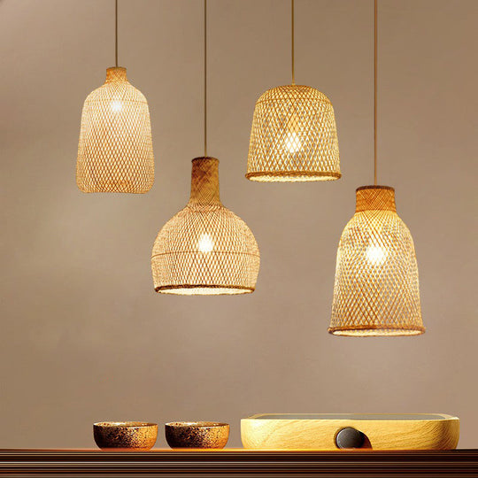 Minimalist Bamboo Pendant Light: Criss-Crossed Woven Design | Restaurant Hanging Light In Wood