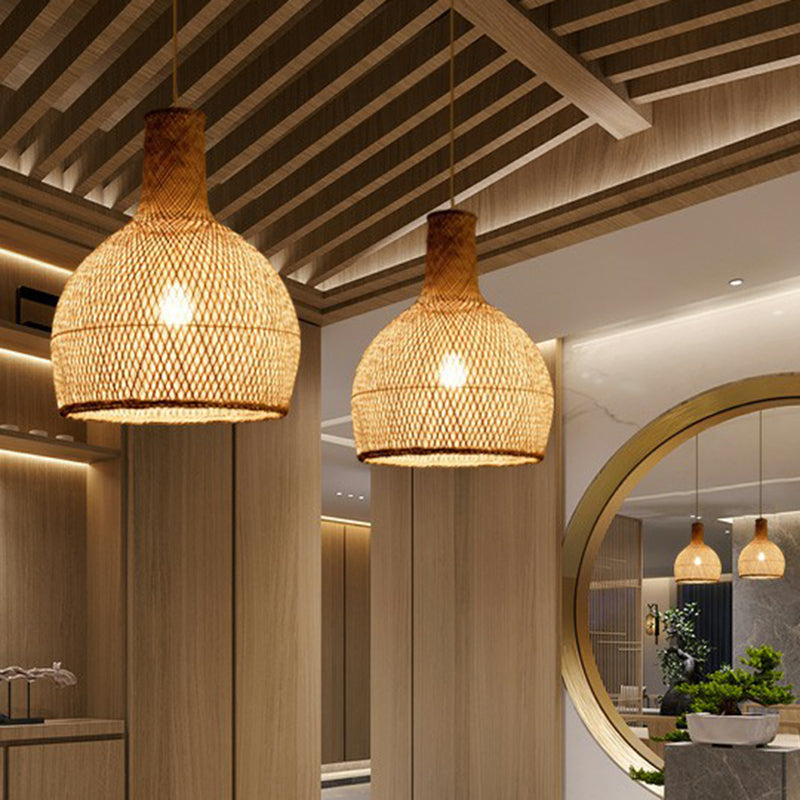 Minimalist Bamboo Pendant Light: Criss-Crossed Woven Design | Restaurant Hanging Light In Wood