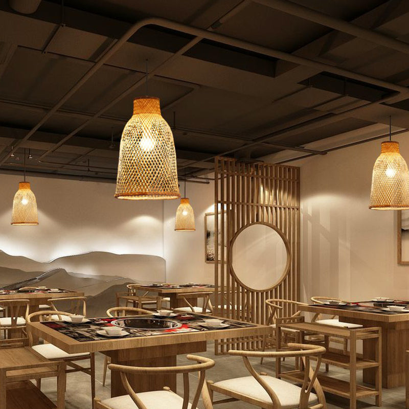 Minimalist Bamboo Pendant Light: Criss-Crossed Woven Design | Restaurant Hanging Light In Wood