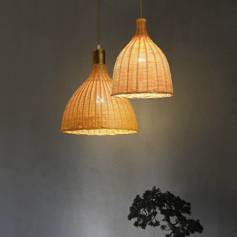 Asia Bamboo Shade Pendant Lamp With Down Lighting - Beige Droplet Design