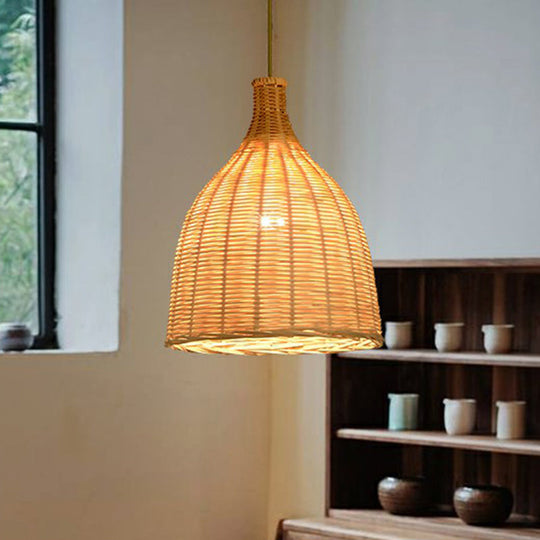 Asia Bamboo Shade Pendant Lamp With Down Lighting - Beige Droplet Design