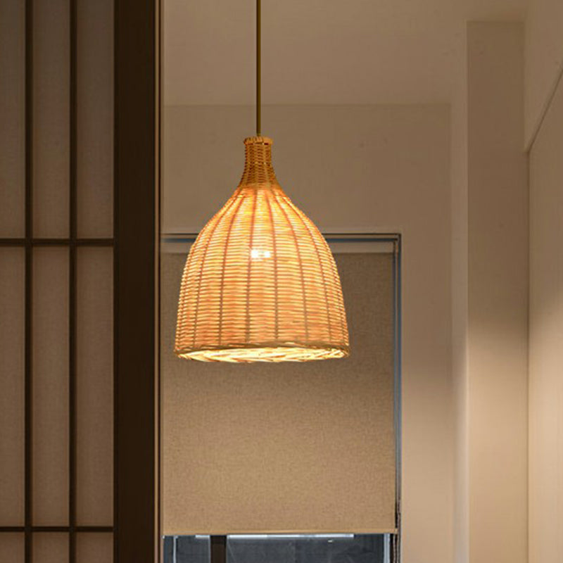 Asia Bamboo Shade Pendant Lamp With Down Lighting - Beige Droplet Design