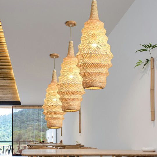 Bamboo Cage Pendant Light - 1-Head Wood Suspension Fixture For Restaurant