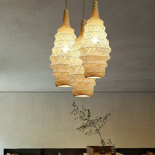 Bamboo Cage Pendant Light - 1-Head Wood Suspension Fixture For Restaurant