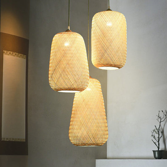 Asia Bamboo Weave Pendant Light Fixture - Restaurant Ceiling Lamp Beige Shade