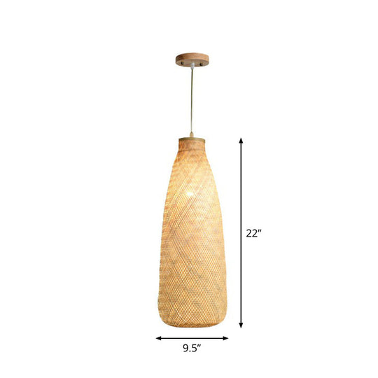 Asia Bamboo Weave Pendant Light Fixture - Restaurant Ceiling Lamp Beige Shade