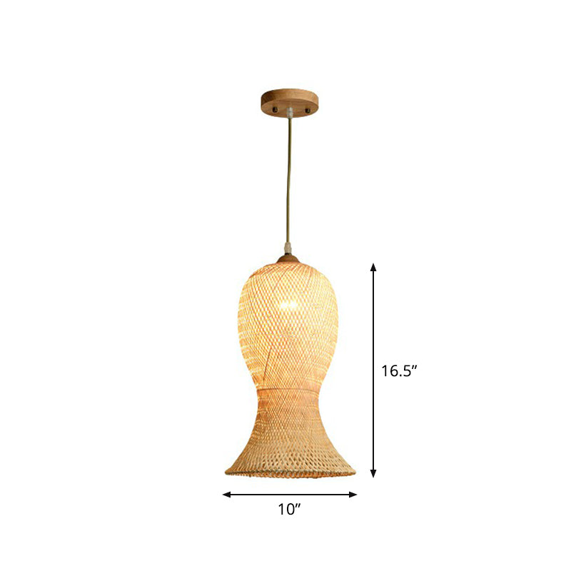 Asia Bamboo Weave Pendant Light Fixture - Restaurant Ceiling Lamp Beige Shade