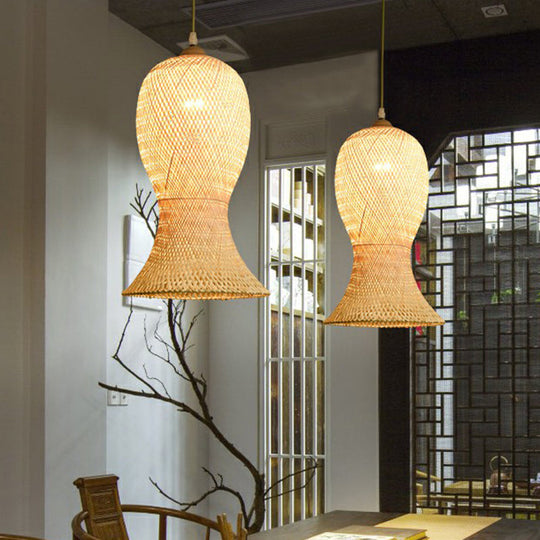 Asia Bamboo Weave Pendant Light Fixture - Restaurant Ceiling Lamp Beige Shade