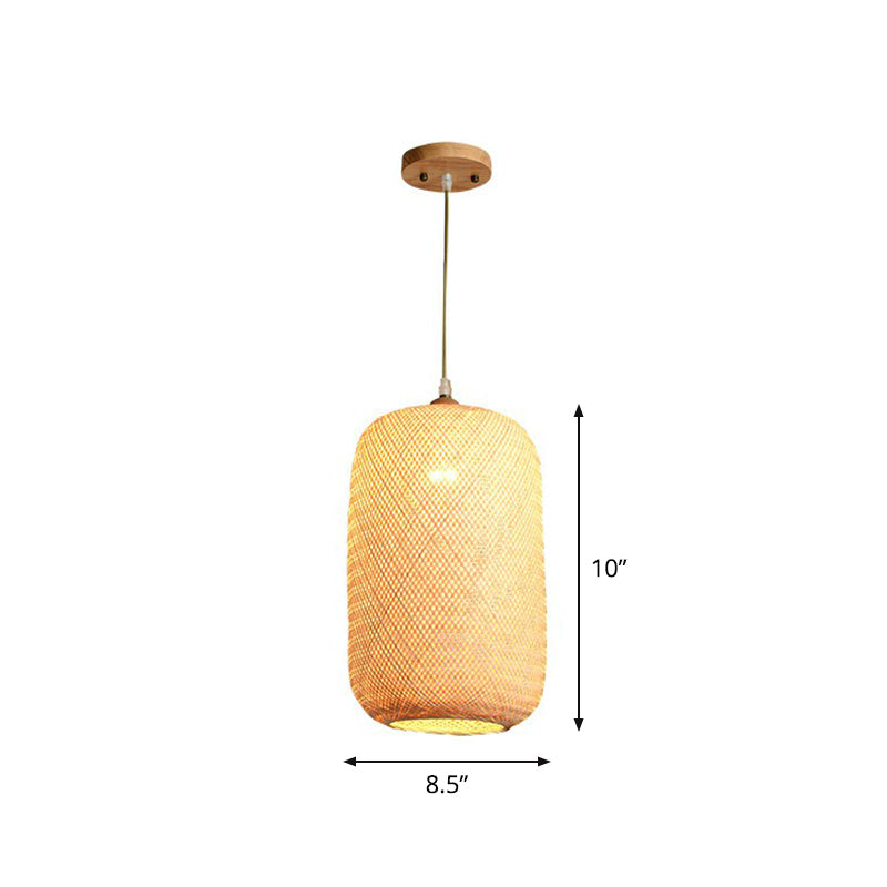 Asia Bamboo Weave Pendant Light Fixture - Restaurant Ceiling Lamp Beige Shade / A