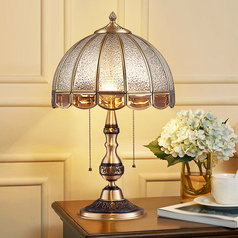 Antique Textured Glass Bronze Nightstand Lamp With Pull Switch - Hemispherical Bedroom Table Light