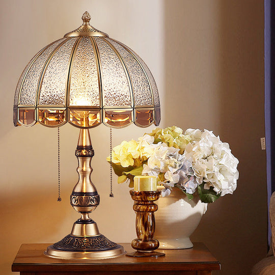 Antique Textured Glass Bronze Nightstand Lamp With Pull Switch - Hemispherical Bedroom Table Light