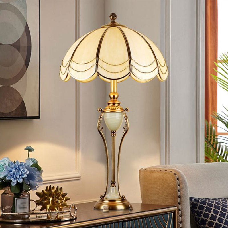 Bronze Font Night Light Table Lamp With Scalloped Lampshade - Traditional Design