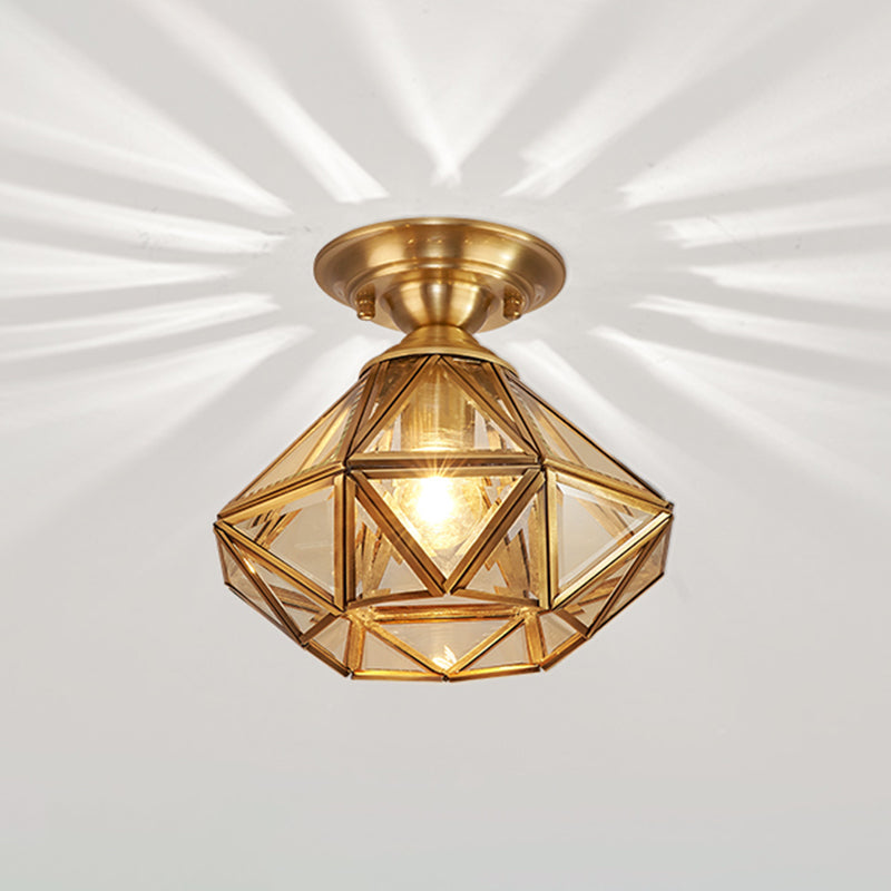 Vintage Amber Glass Diamond Flush Light with Brass Finish for Foyer Ceiling