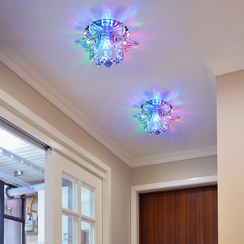 Modern Lotus Blossom LED Flush Mount Ceiling Light with Clear Crystal Accent - Ideal for Hallway and Corridors