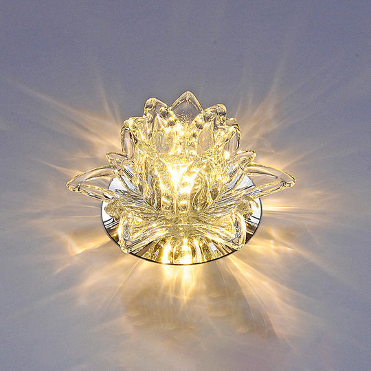 Modern Lotus Blossom LED Flush Mount Ceiling Light with Clear Crystal Accent - Ideal for Hallway and Corridors