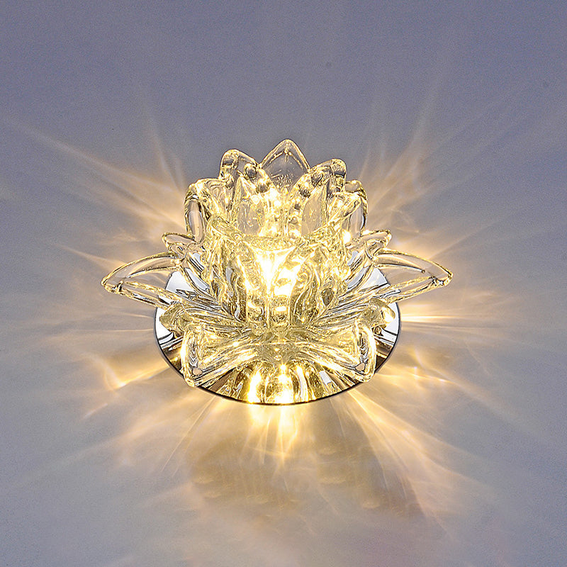 Modern Lotus Blossom Led Flush Mount Ceiling Light With Clear Crystal Accent - Ideal For Hallway And