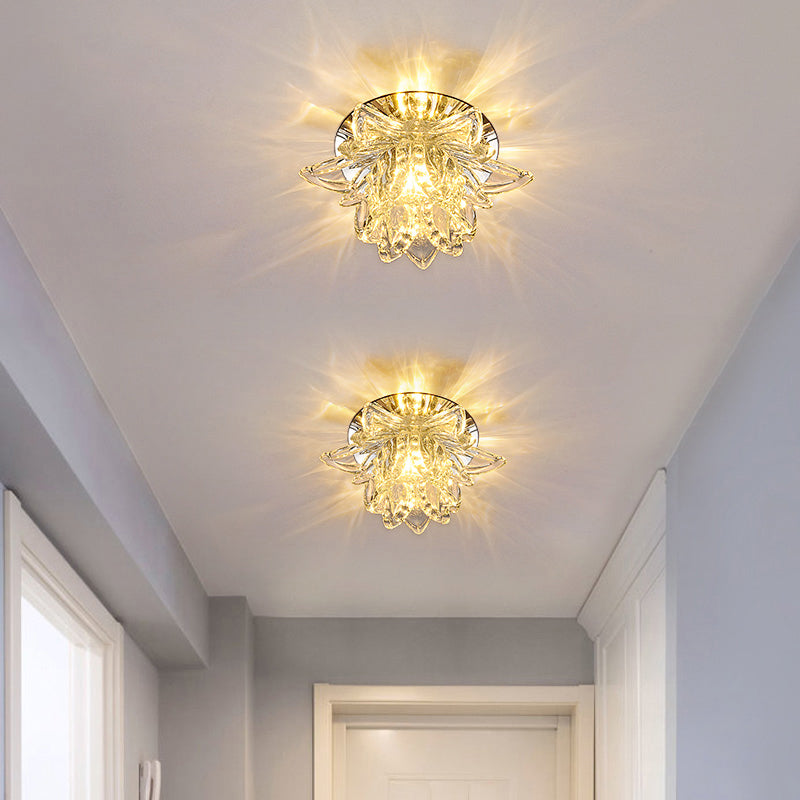 Modern Lotus Blossom LED Flush Mount Ceiling Light with Clear Crystal Accent - Ideal for Hallway and Corridors