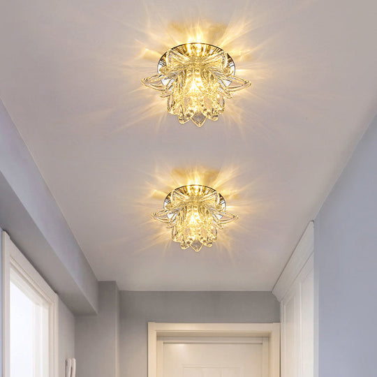 Modern Lotus Blossom Led Flush Mount Ceiling Light With Clear Crystal Accent - Ideal For Hallway And