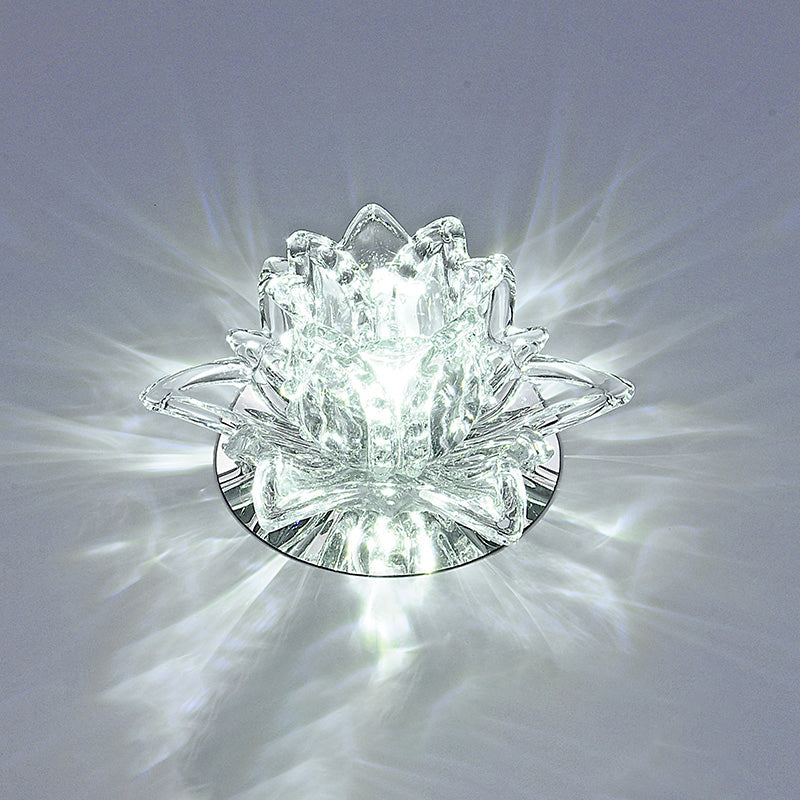 Modern Lotus Blossom Led Flush Mount Ceiling Light With Clear Crystal Accent - Ideal For Hallway And