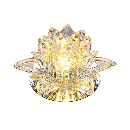 Modern Lotus Blossom Led Flush Mount Ceiling Light With Clear Crystal Accent - Ideal For Hallway And