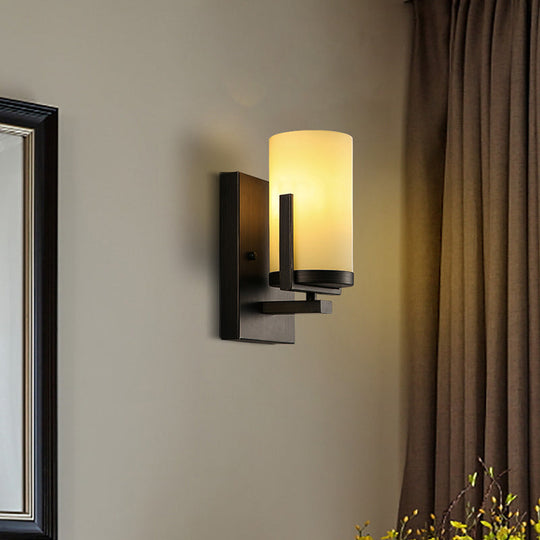 Modern Opal Glass Black Wall Sconce - 1-Light Mount Light Fixture For Porch With Square Backplate